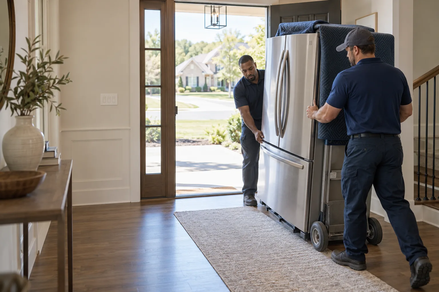 Appliance crew moving a protected refrigerator through a residential doorway