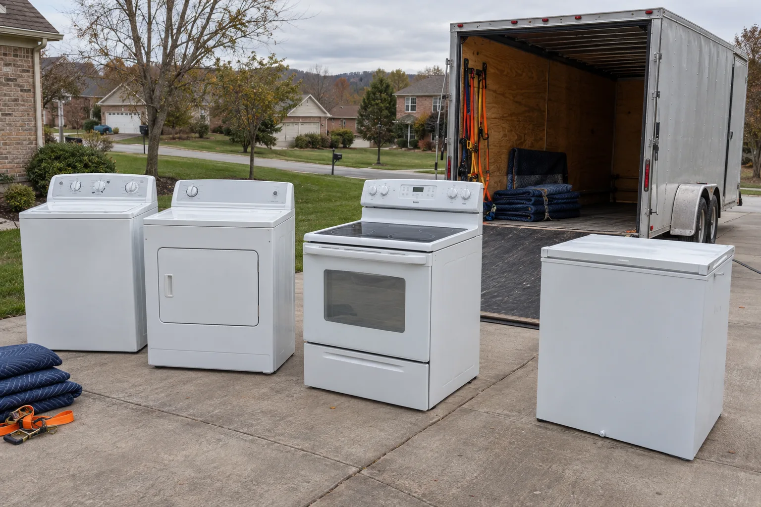 Disconnected household appliances arranged beside an enclosed trailer